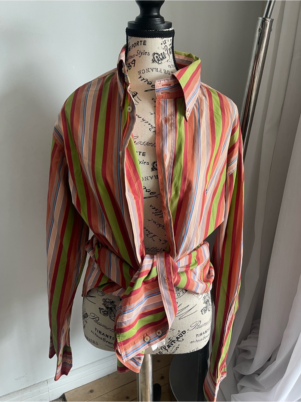 Etro Multicolor Striped Button Front Shirt in Coral, Lime, Blue